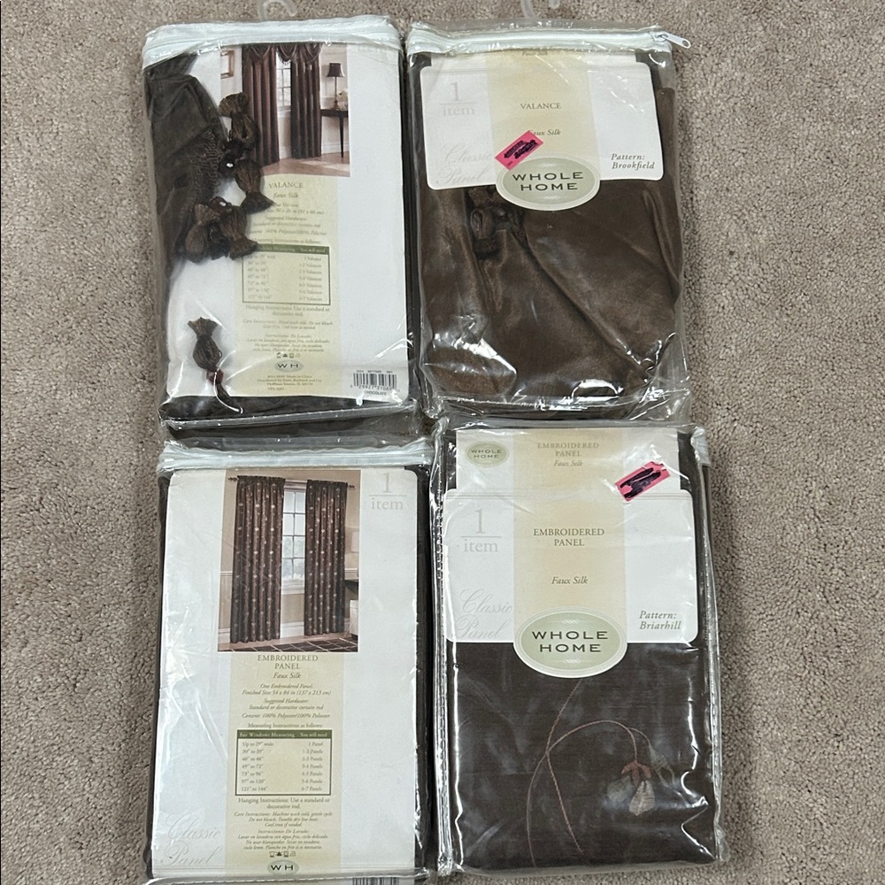 New Set of 2 each Panels and Valances! Whole Home Brown Embroidered Curtain!!